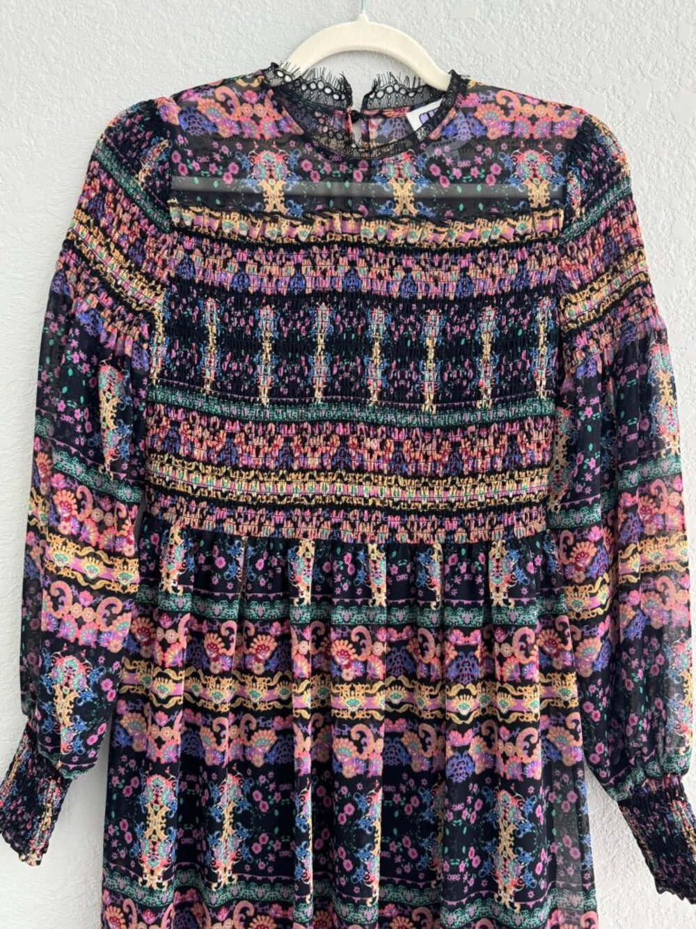 SUI by Anna Sui Smocked Paisley Floral Lace Trim Maxi Dress Size S
